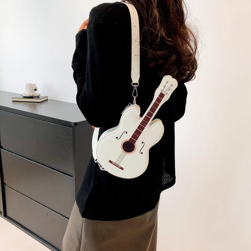 Women's Small Pu Leather Guitar Streetwear Oval Zipper Shoulder Bag
