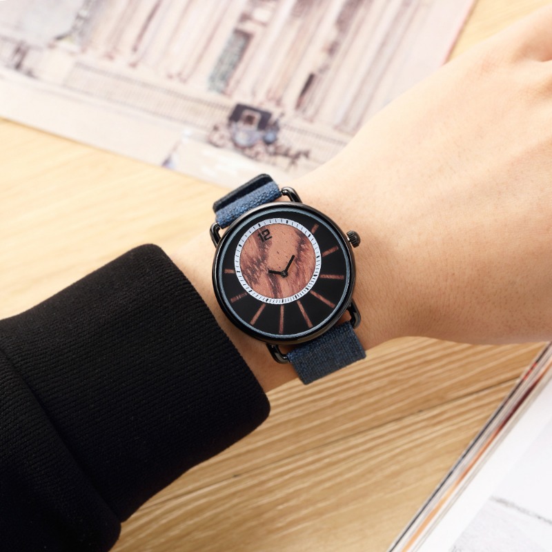 Classic Men's Quartz Watch Vintage Denim Strap Wooden Watch