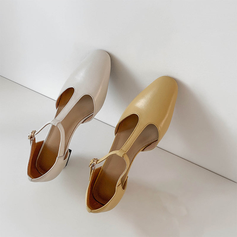 50mm Block Heel Leather T-Strap Mary Jane Summer Shoes in Yellow/White