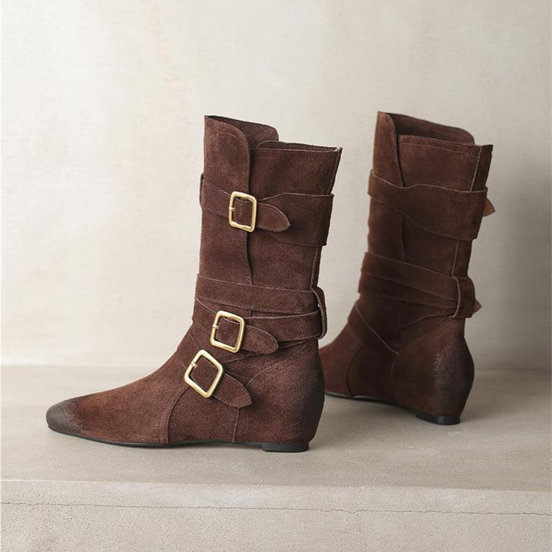 Womens Suede?Leather Mid Calf Boots 45mm Block Heel with Buckles In Khaki/Brown