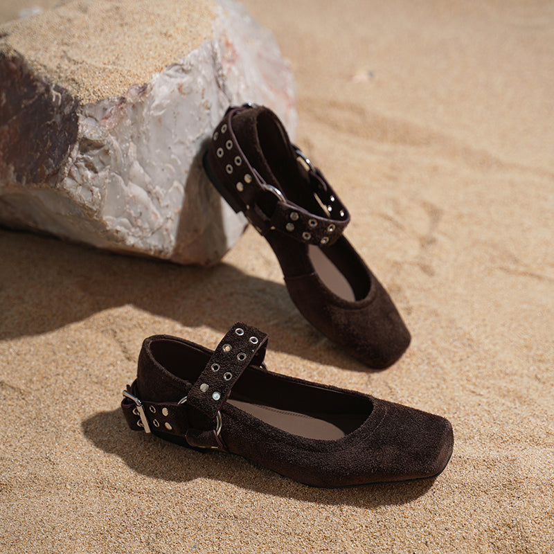 Women's Square Toe Leather Mary Jane Flats with Studded Strap Design in Green/Blue/Brown/Grey