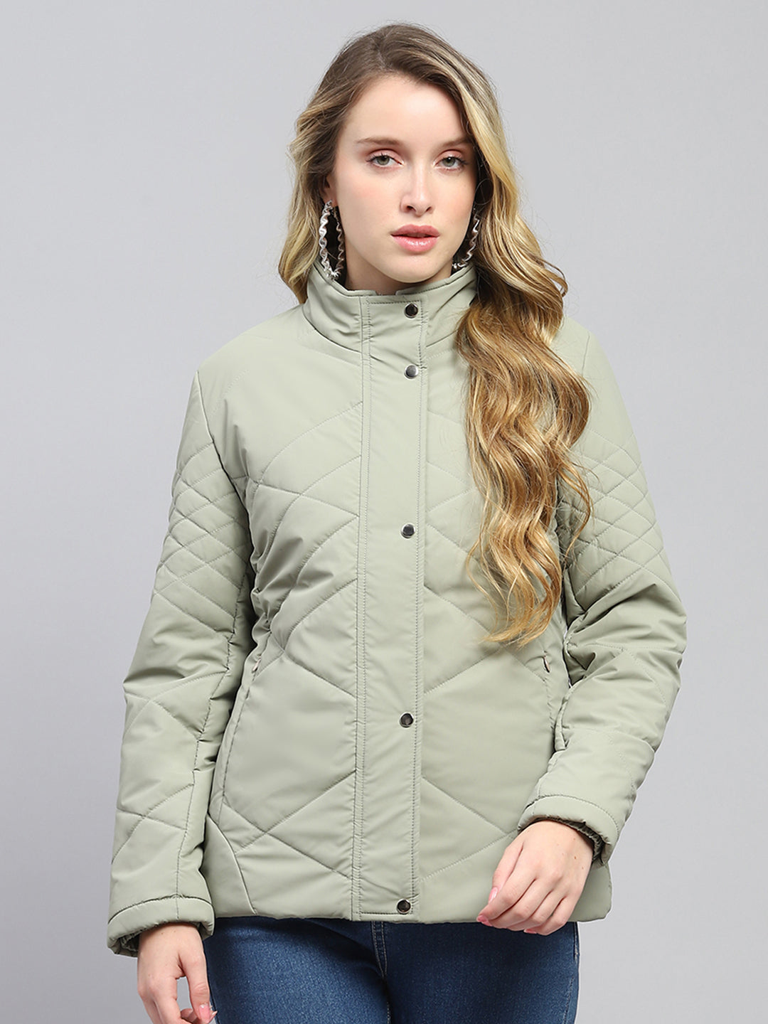 Women Olive Solid Mock Neck Full Sleeve Jacket