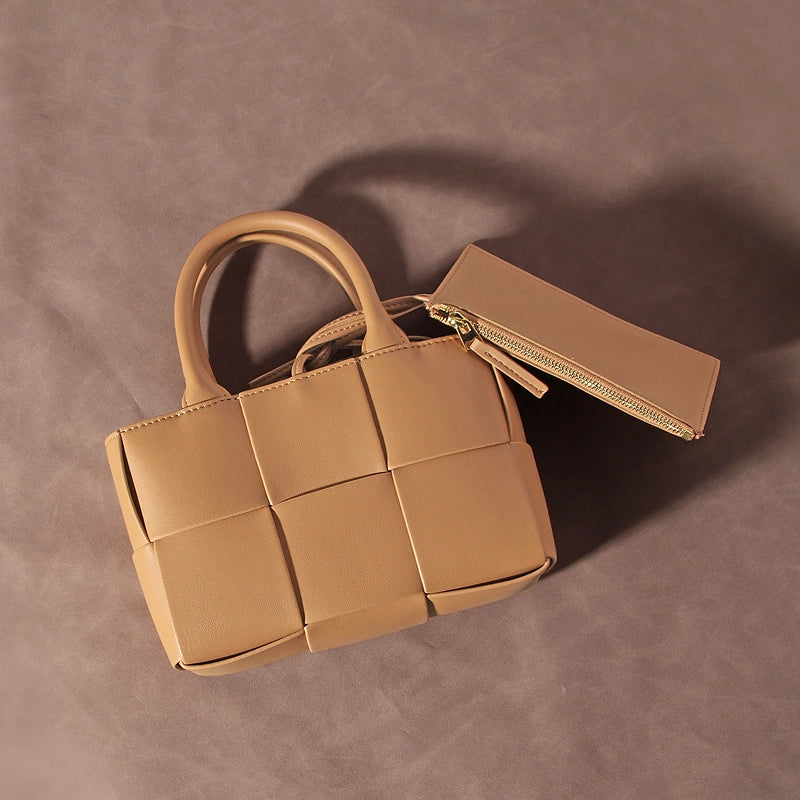 Women's Medium Two-Layer Cowhide Leather Solid Color Business Weave Square Open Shoulder Bag