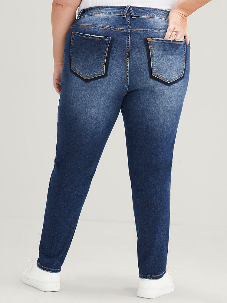 Mom Jeans Straight Very Stretchy High Rise Medium Wash Contrast Jeans