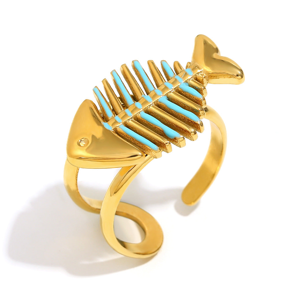 Niche Trend Stainless Steel 18K Gold Plated Cross Line Fishbone Flower Crab Turtle Open Ring