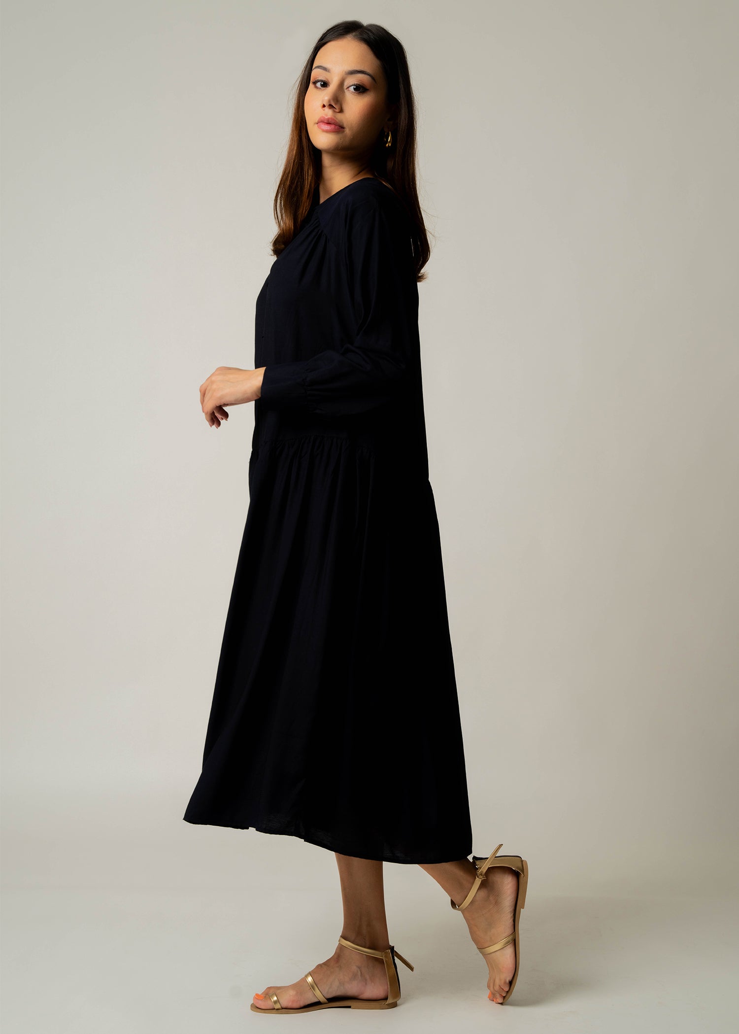 Drop waist long sleeve dress with front tie