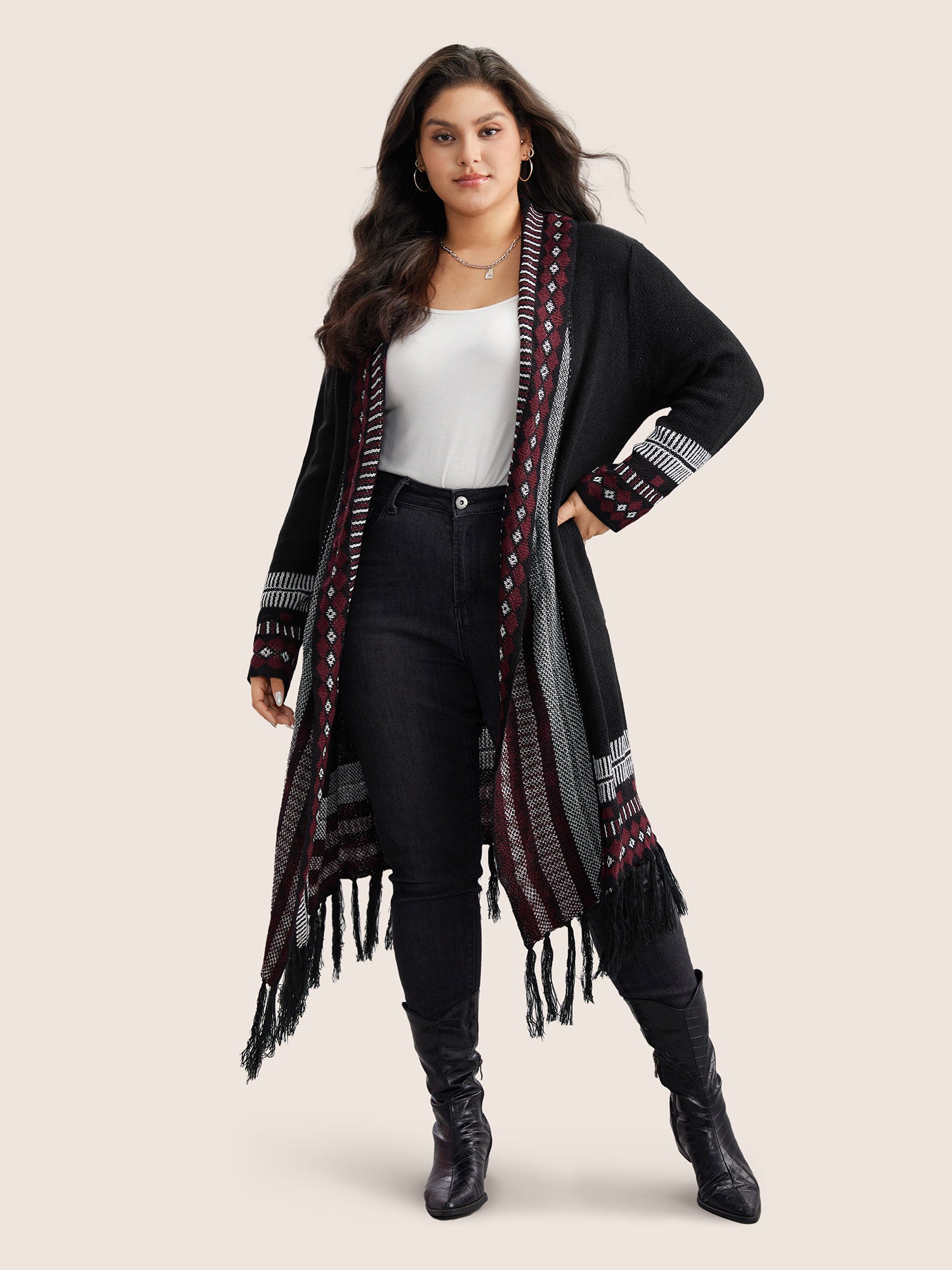 Bandana Print Fringe Trim Maxi Cardigan