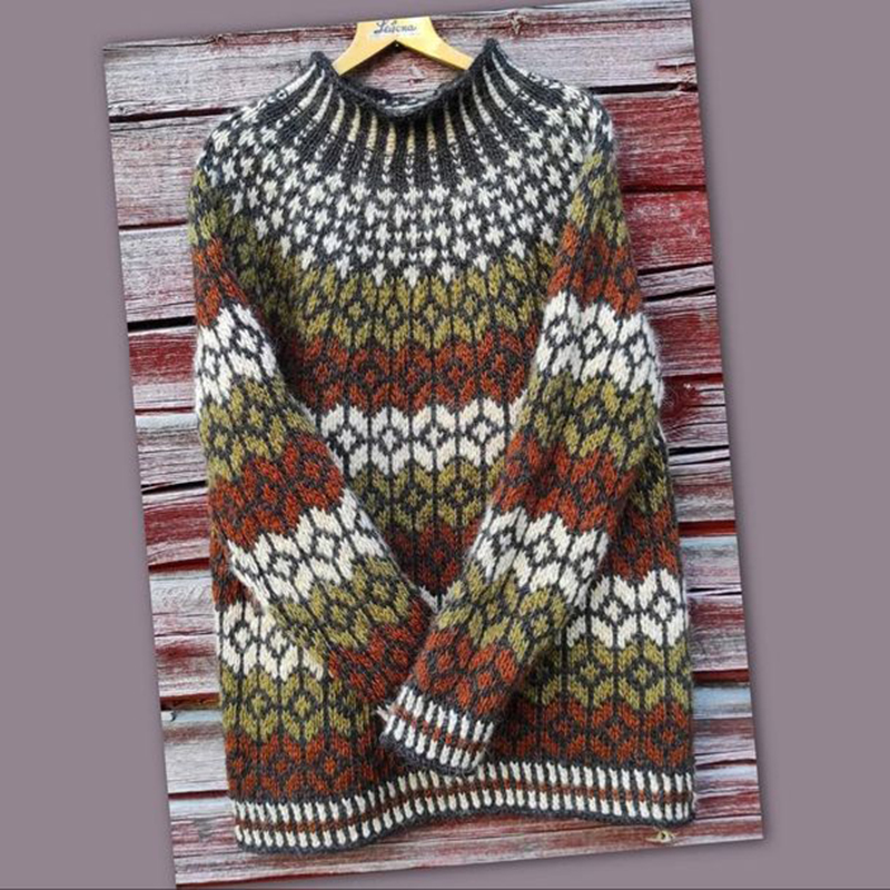 Unisex Vintage Icelandic Contrast Colors Knit Jacquard Warmth Crew Neck Sweater