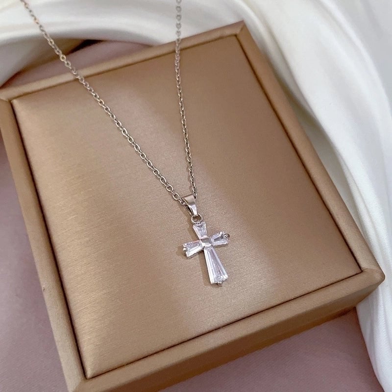 Minimalist Cross Titanium Steel Copper Zircon Pendant Necklace In Bulk