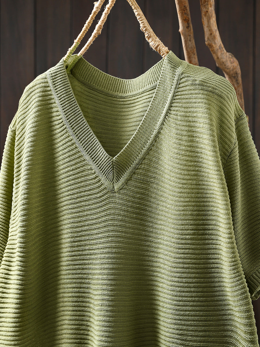 Women Summer Casual Linen Knitted V-Neck Shirt
