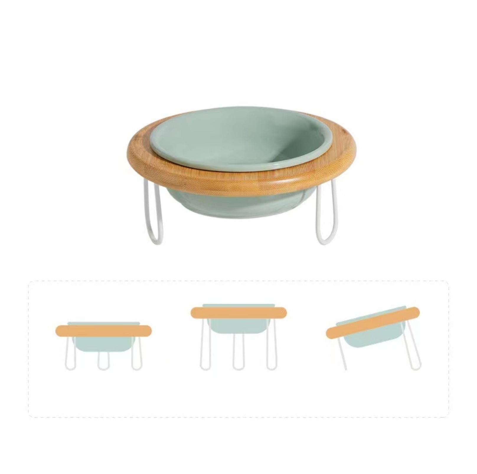 Height-Adjustable Ceramic Cat Bowls Small Dog Bowls with Bamboo Round Frame