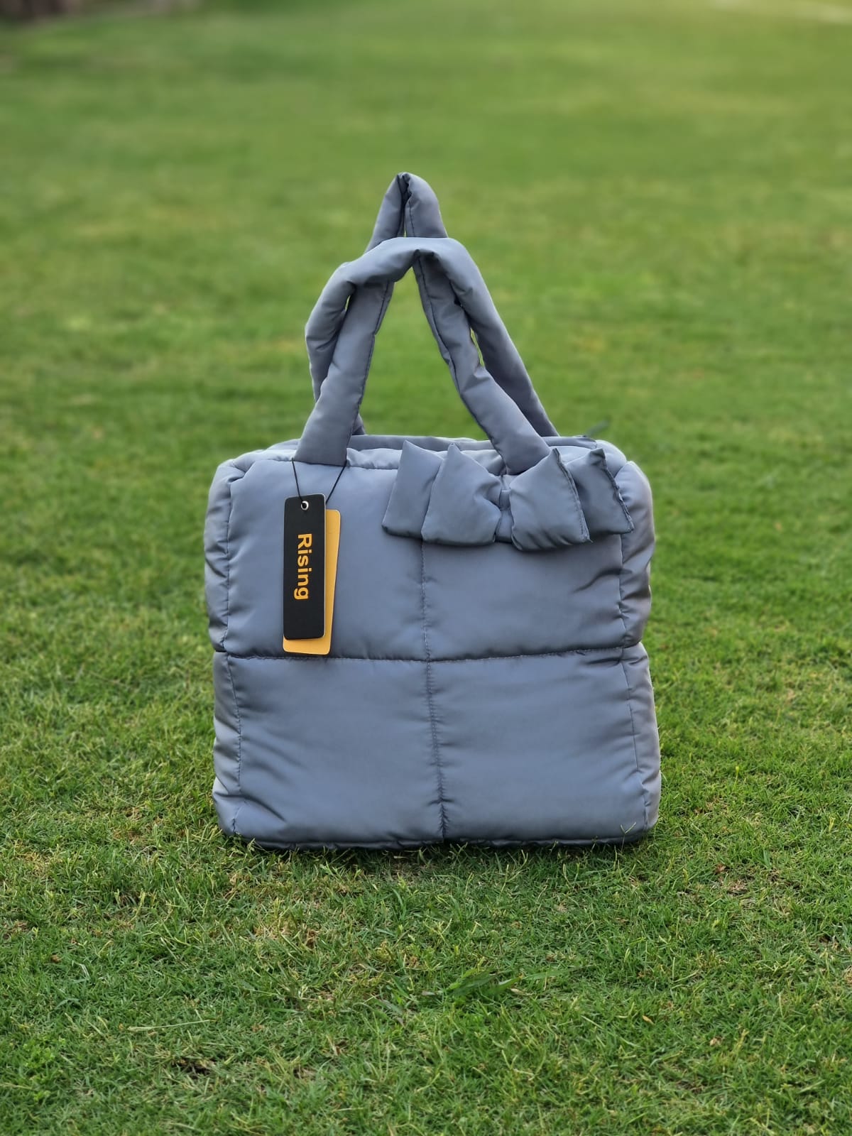 Large Square Puffy Hand Bag With Handle-Grey