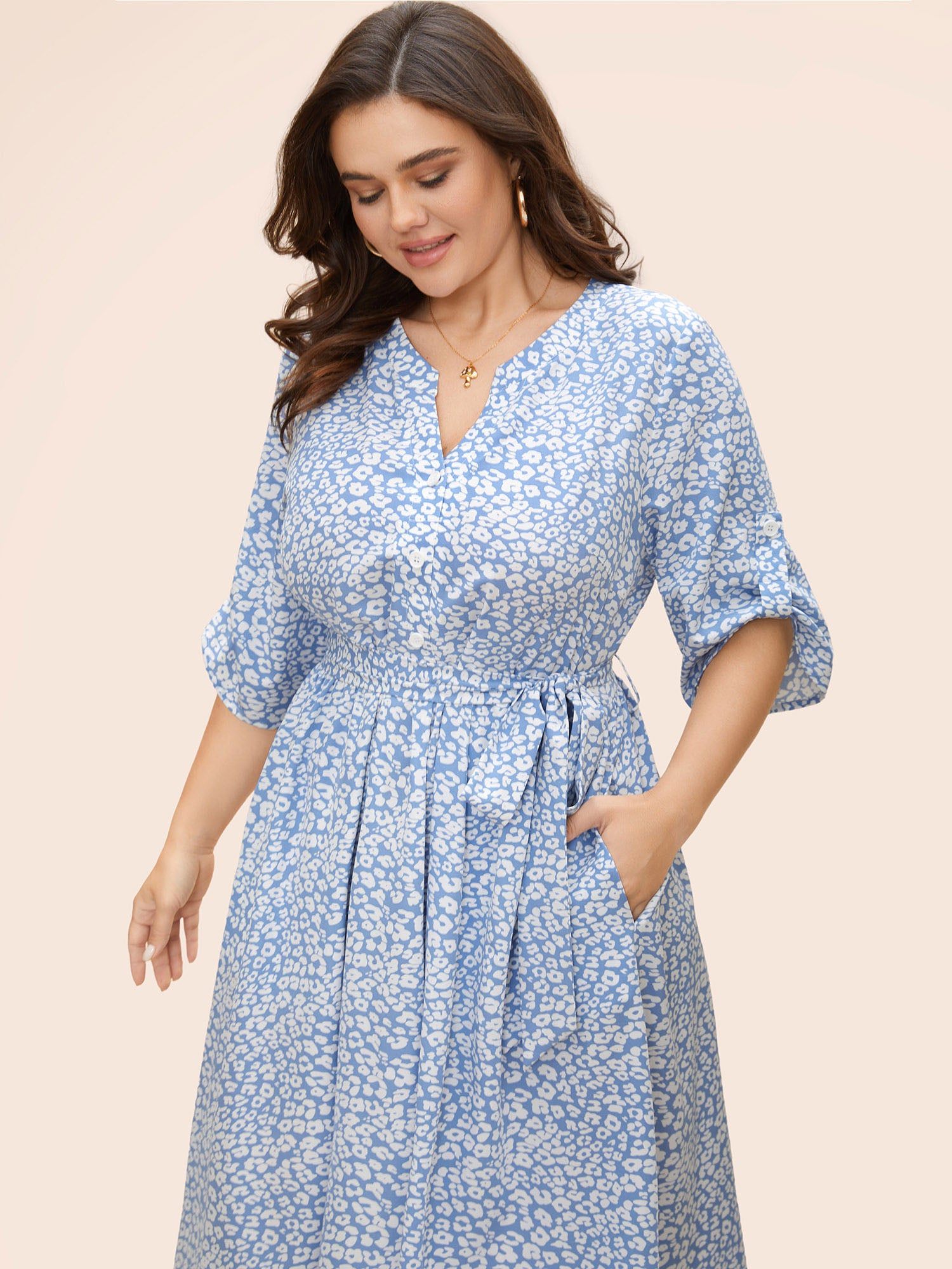 Daisy Print Midi Tab Sleeve Dress