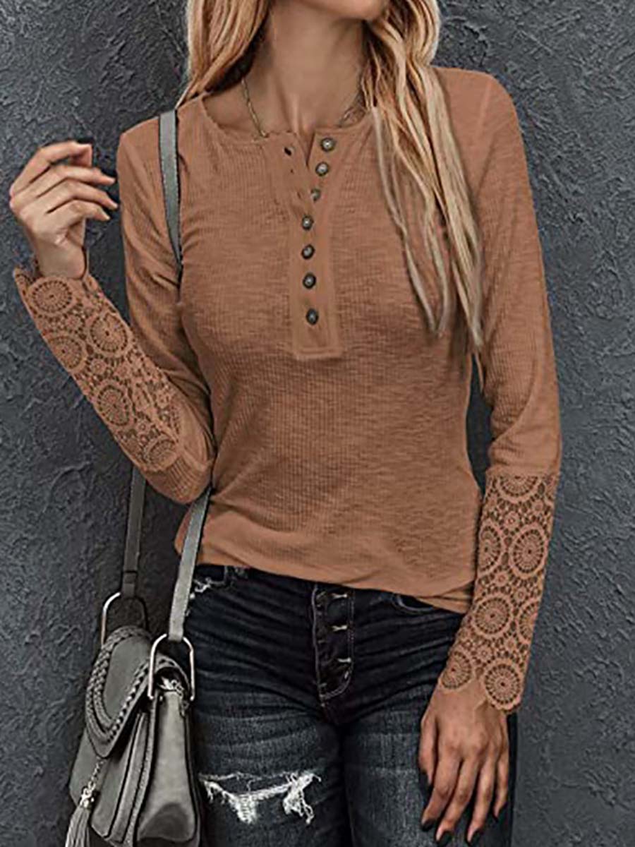 Round Neck Stitching Lace Long Sleeve T-Shirt(14 colors)