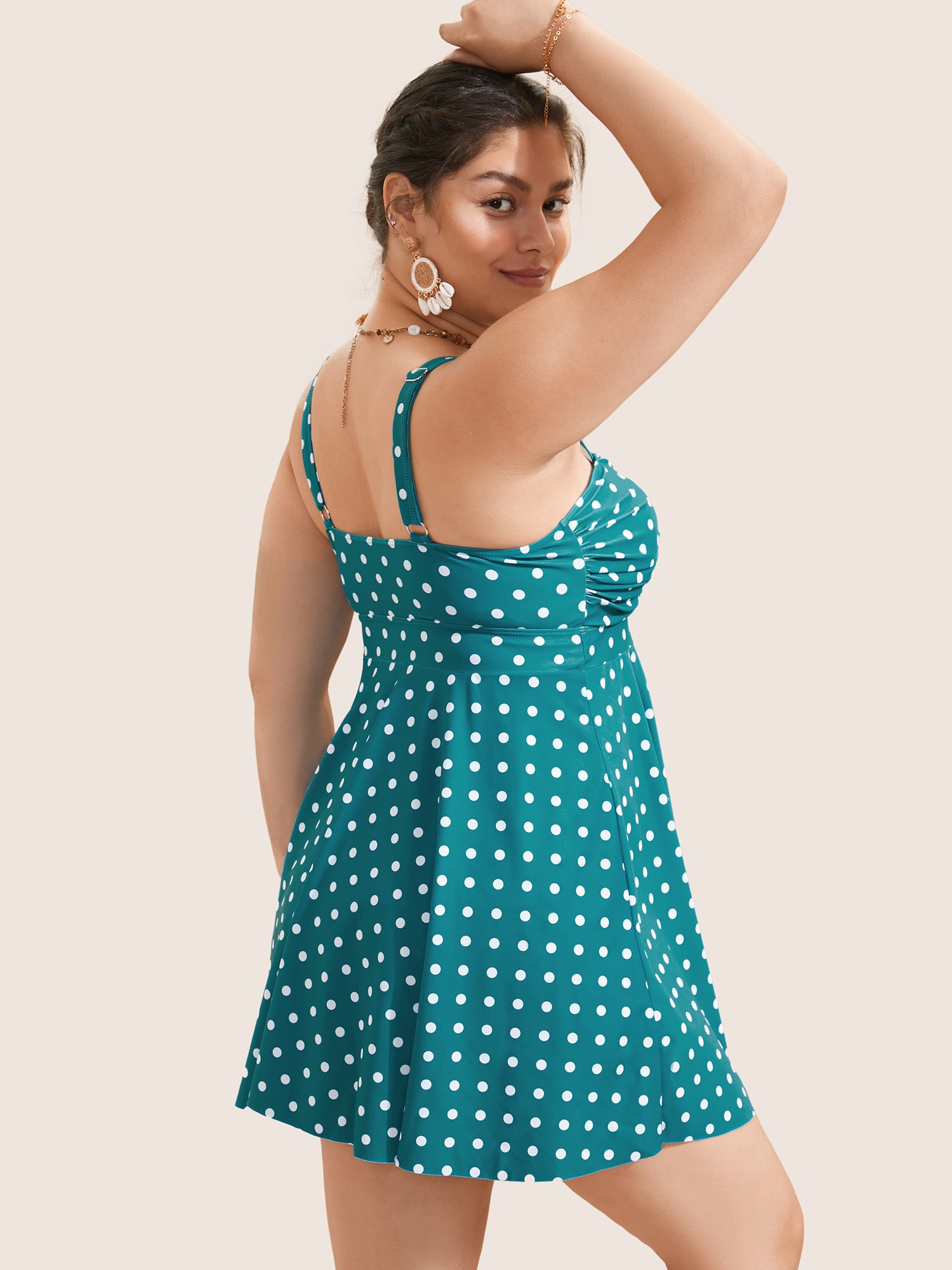 Polka Dot Crossover Ruched Flutter Hem Swim Dress