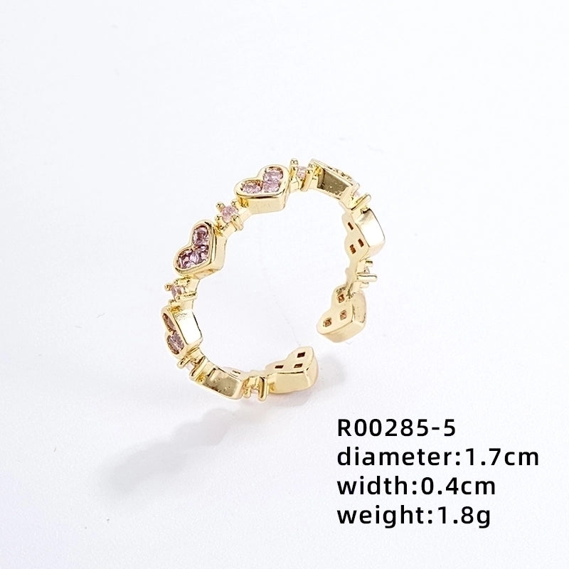 Copper Gold Plated IG Style Minimalist Plating Inlay Heart Shape Flower Zircon Open Rings