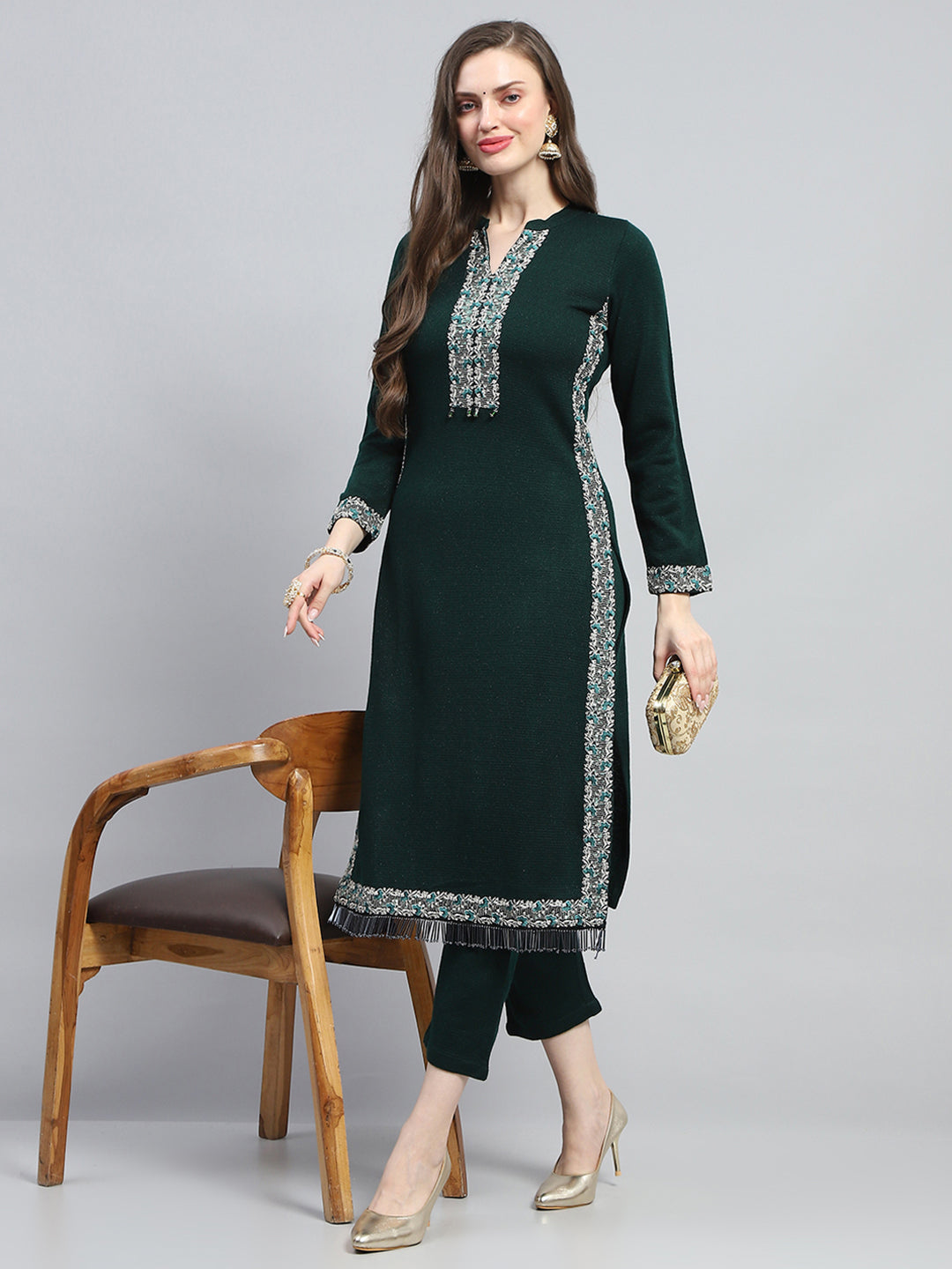 Women Green Embroidered Round Neck Full Sleeve Kurti Set for Winter