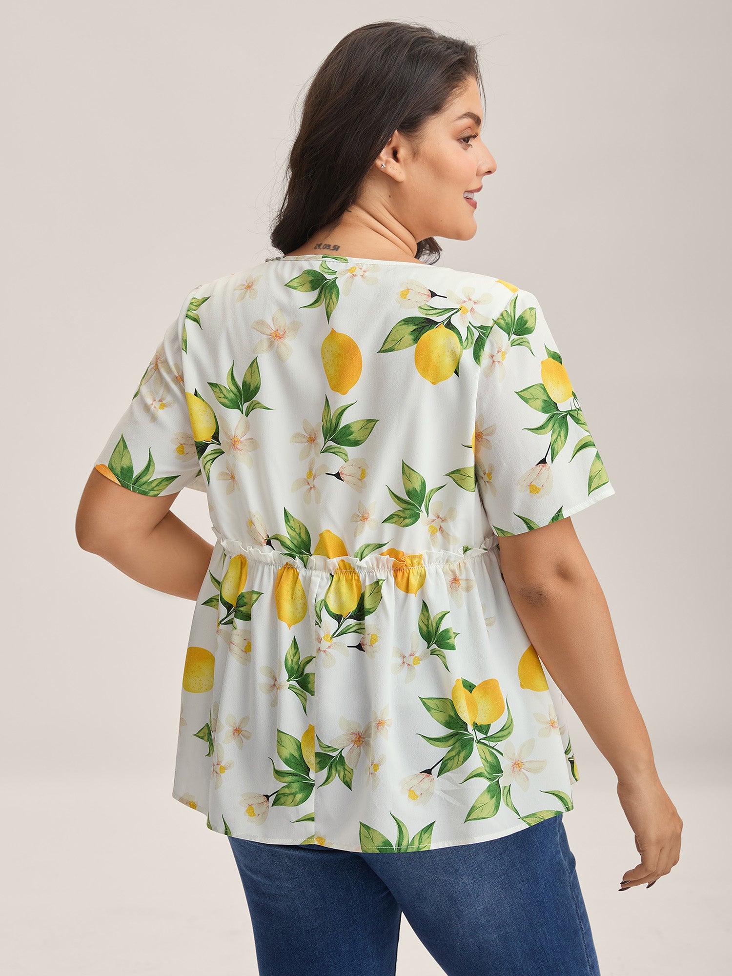 Citrus Print Petal Trim Blouse