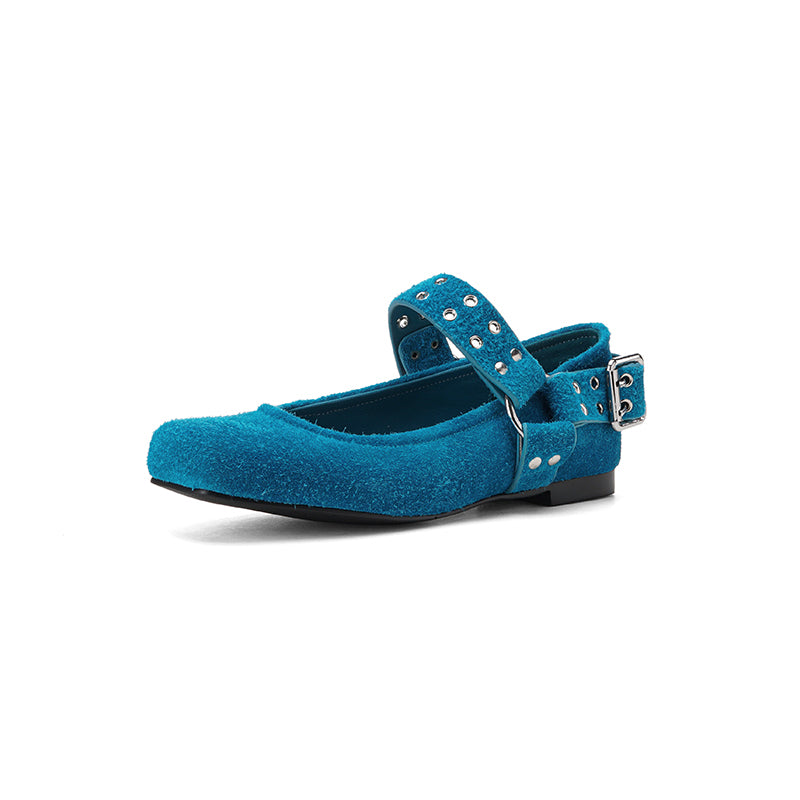 Women's Square Toe Leather Mary Jane Flats with Studded Strap Design in Green/Blue/Brown/Grey