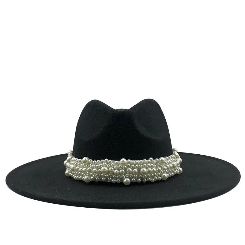 9.5cm Pearl Accessories Women's Woolen Hat Jazz Hat Autumn And Winter British Retro Top Hat Women