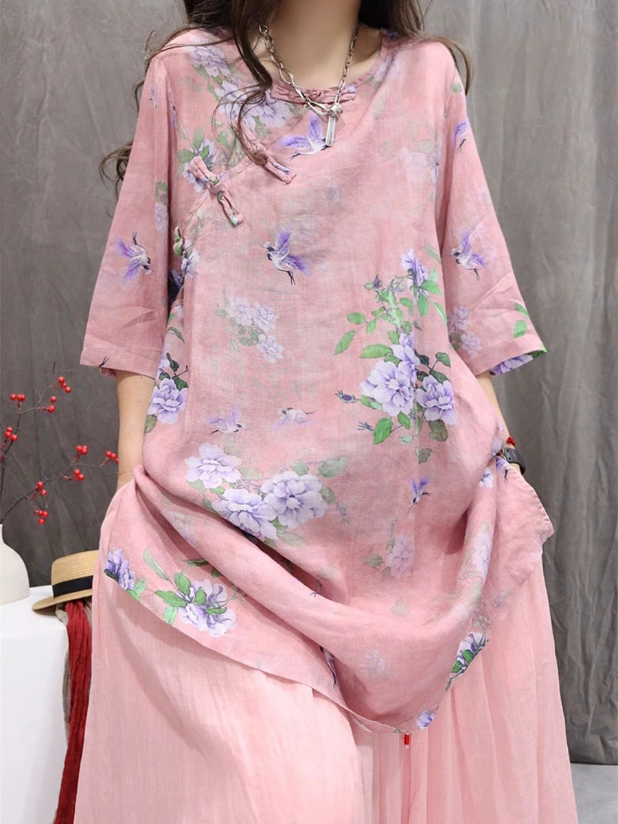 Women Summer Retro Flower O-Neck 100%Ramie Shirt