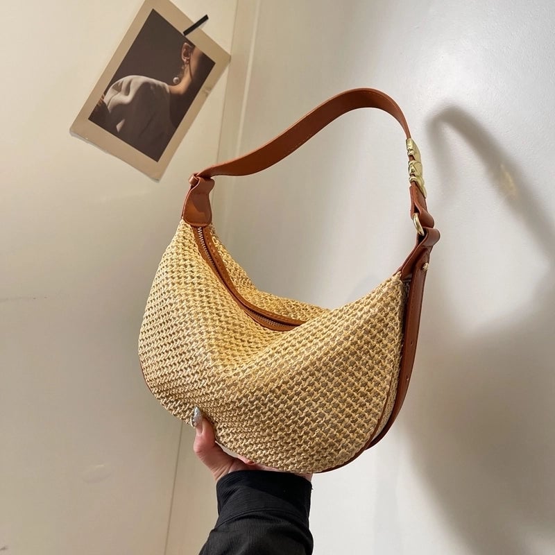 Women's Medium Pu Leather Straw Color Block Vintage Style Vacation Weave Dumpling Shape Zipper Crossbody Bag