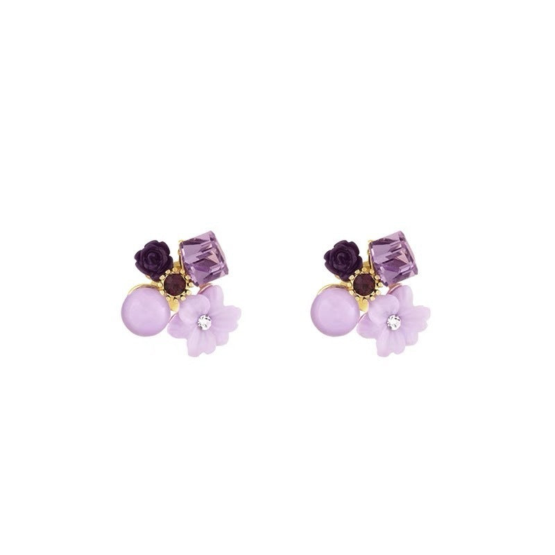 CRYSTAL FLOWER STUD EARRINGS KOREAN STYLE  ELEGANT WOMEN'S JEWELRY