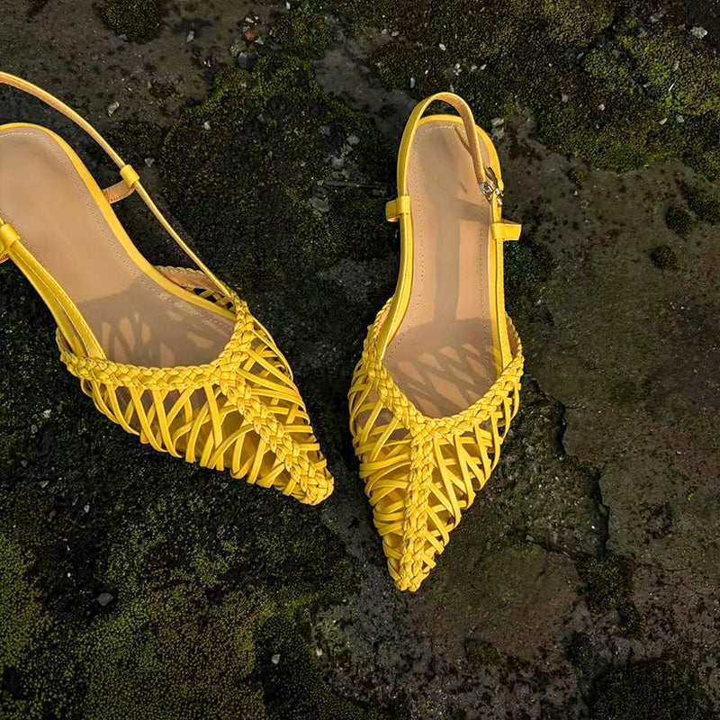 Fashion Woven Pointed Toe Slingback Sandals Breathable Summer Flats in Golden/Silver/Yellow/Light Green