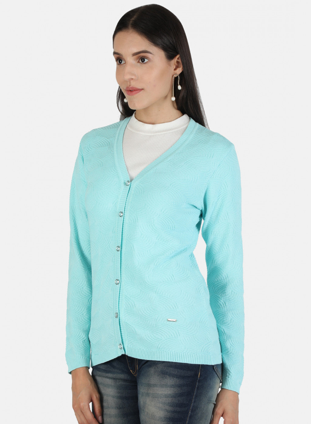 Women Blue Self Cardigan