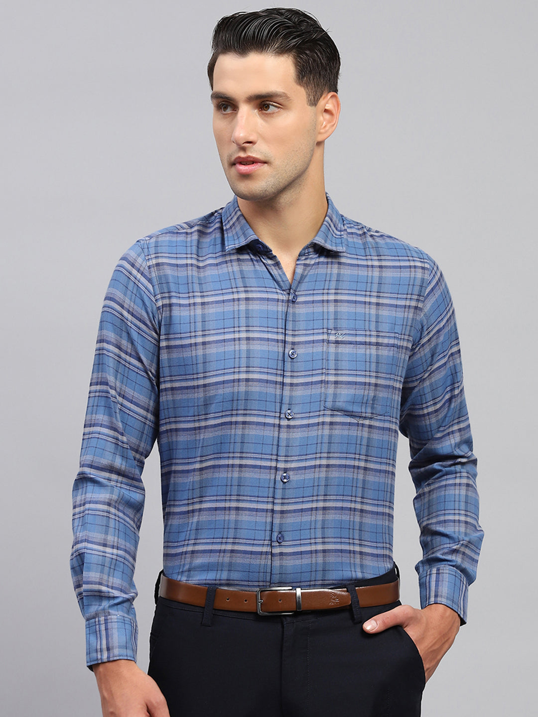 Men Blue Check Spread Collar Full Sleeve Shirt