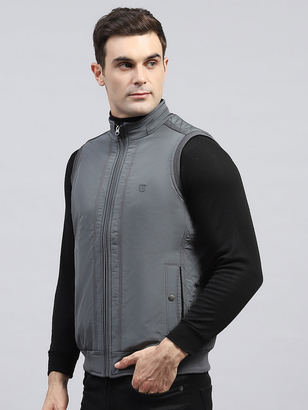 Men Grey Solid Mock Neck Sleeveless Reversible Jacket