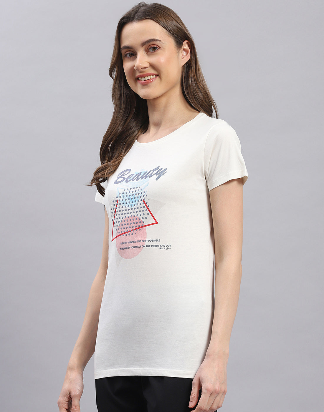 Women Off White & Turquoise Blue Printed Round Neck Half Sleeve Top 2 Pc Set