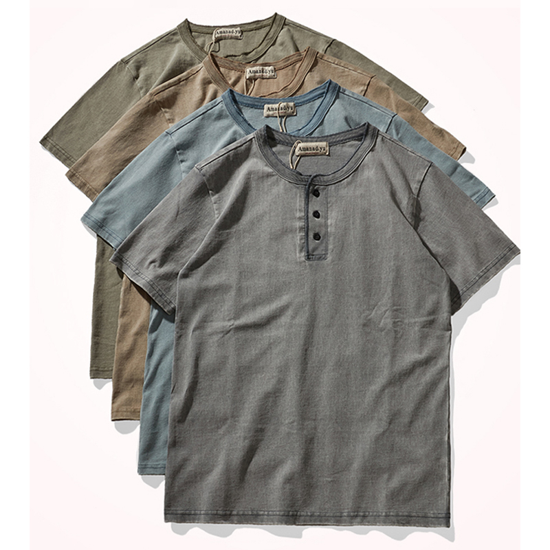 American Heavy Henley Collar Cotton Short Sleeve T-Shirt