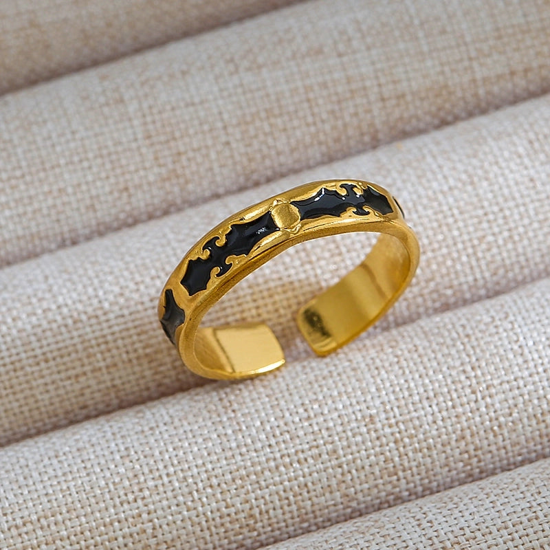 Rock Oversized Leaves Eye Flower 304 Stainless Steel Gem 18K Gold Plated Inlay Open Rings