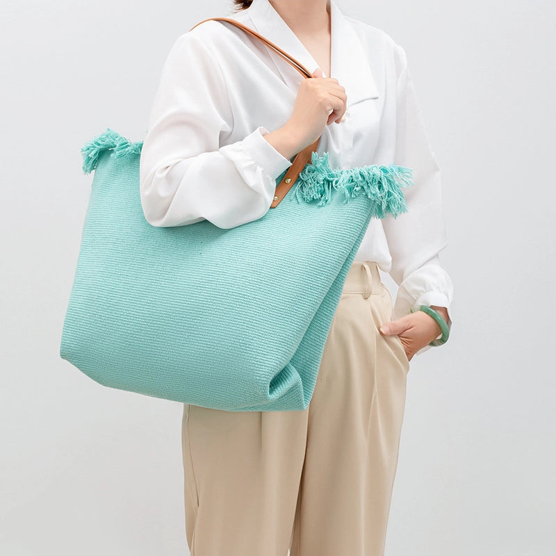 Women's Large Pu Leather Canvas Solid Color Beach Classic Style Square Magnetic Buckle Tote Bag