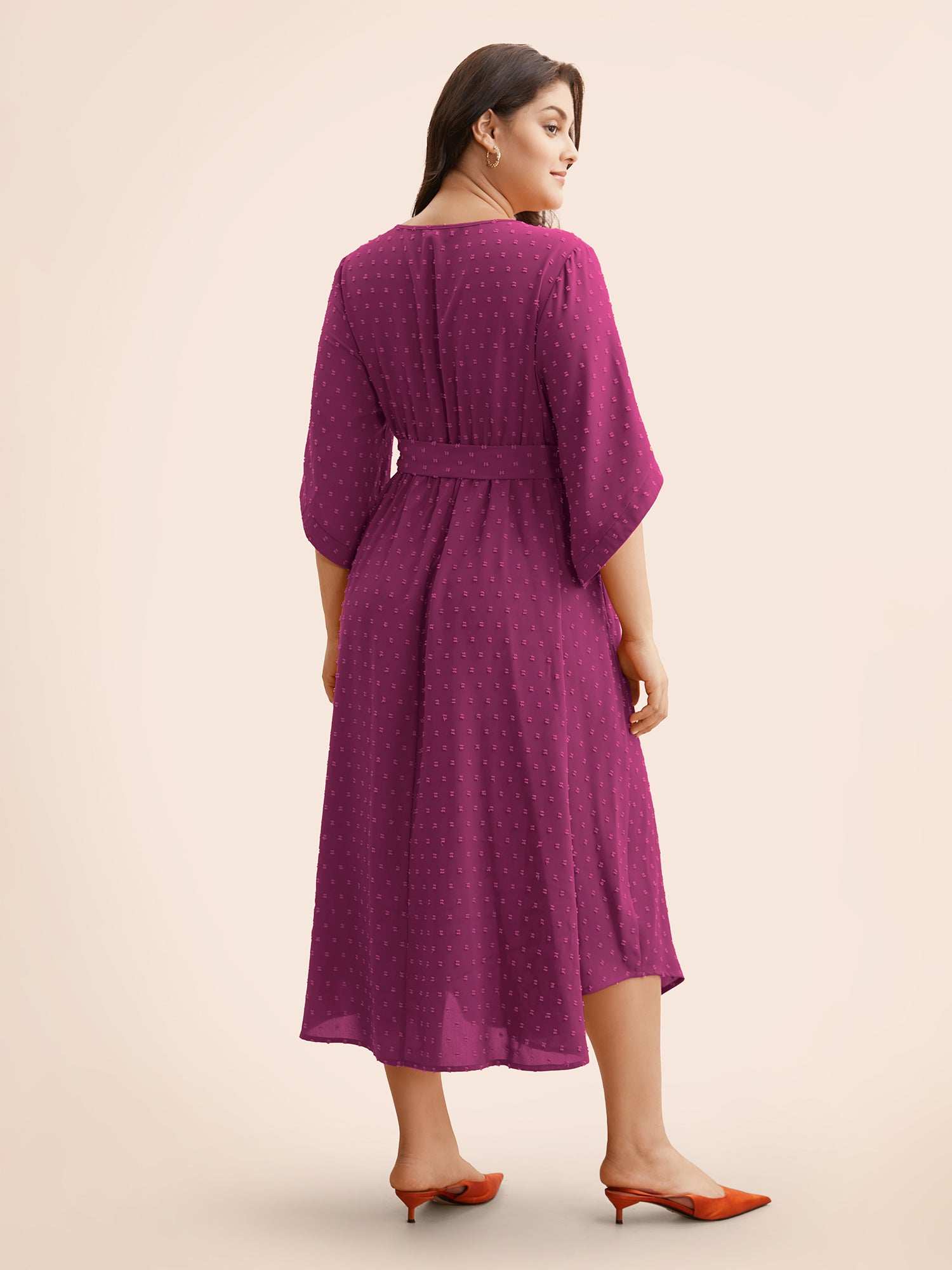 Textured Bell Sleeve Belted Arc Hem Dress