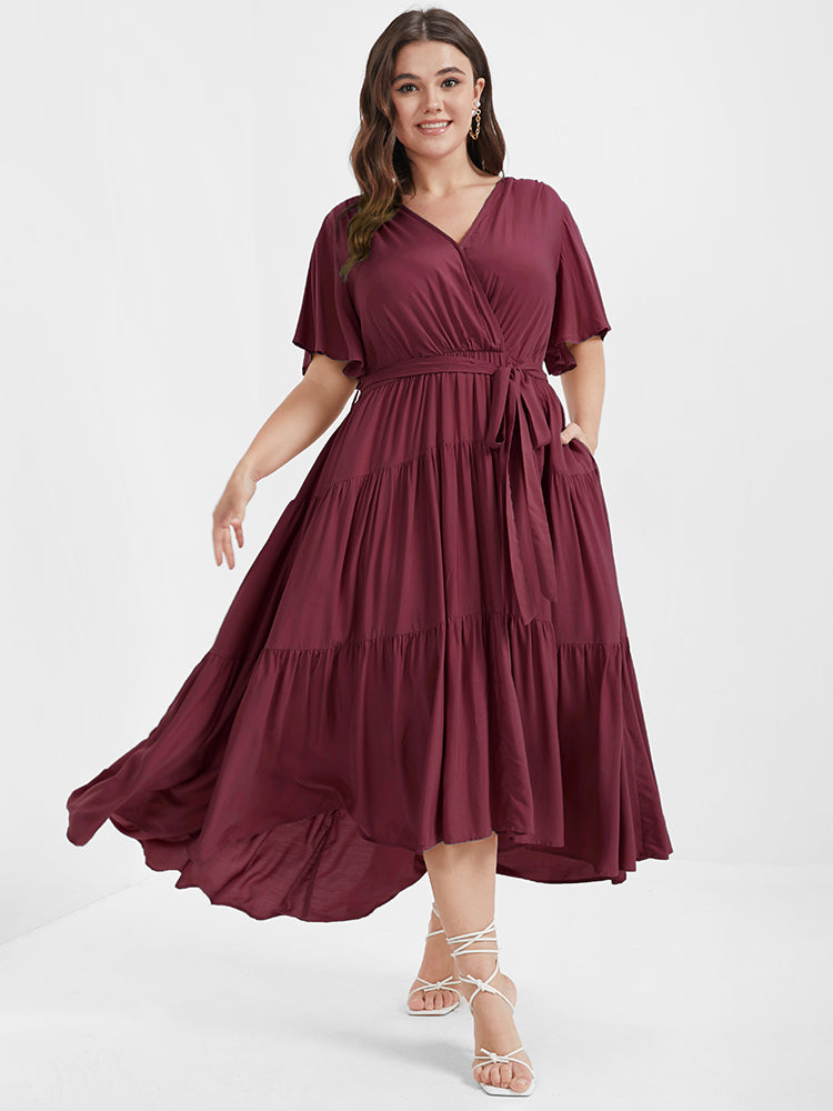 Solid Button Pocket Belted Ruffles Wrap Midi Dress