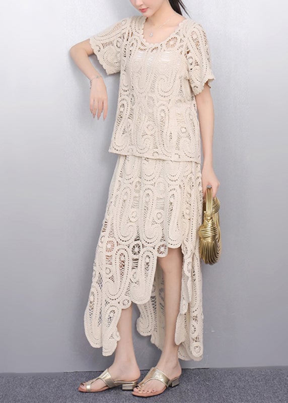Women Beige O-Neck Lace T Shirt And Maxi Skirts Two Piece Set Short Sleeve