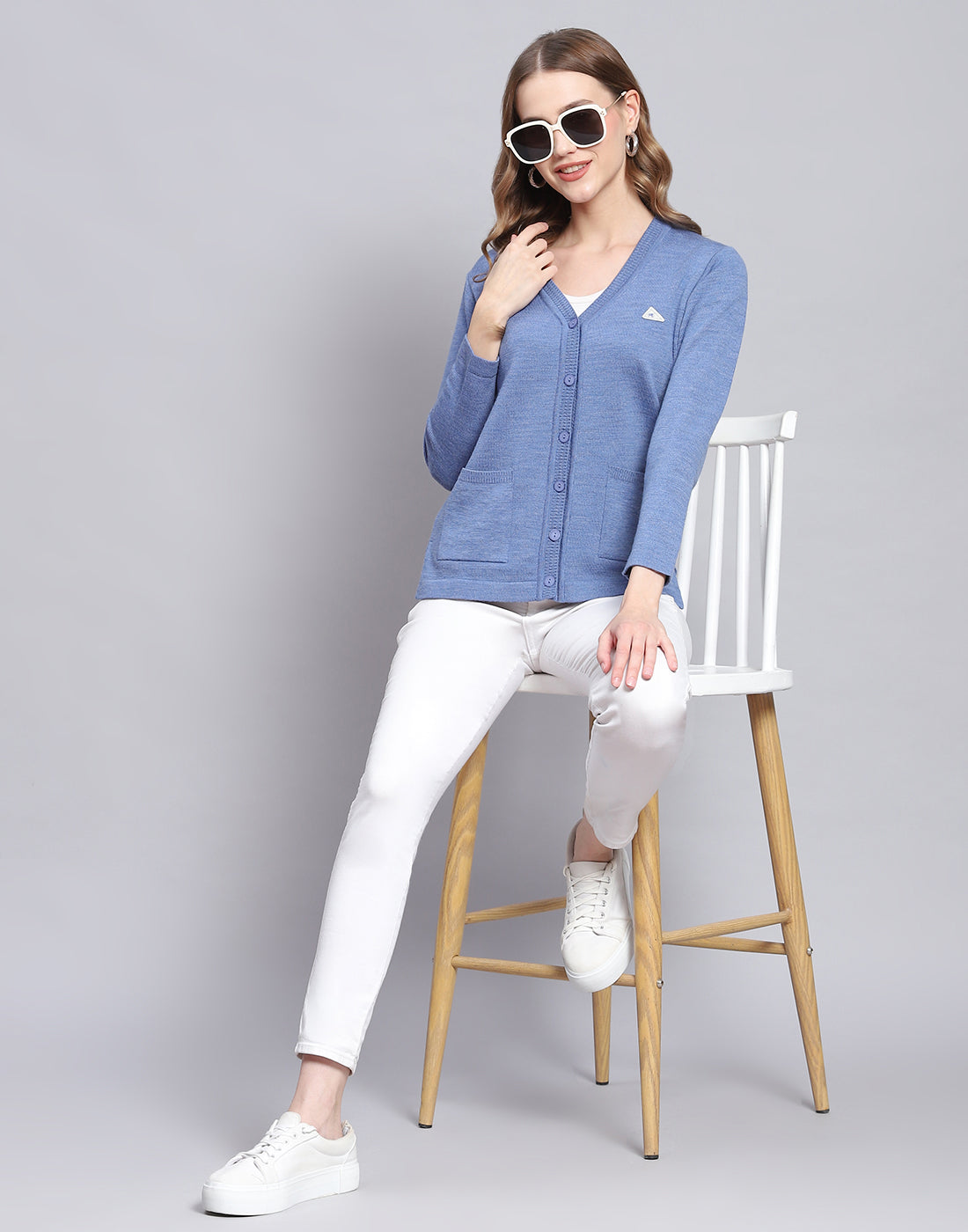 Women Blue Solid V Neck Full Sleeve Cardigan