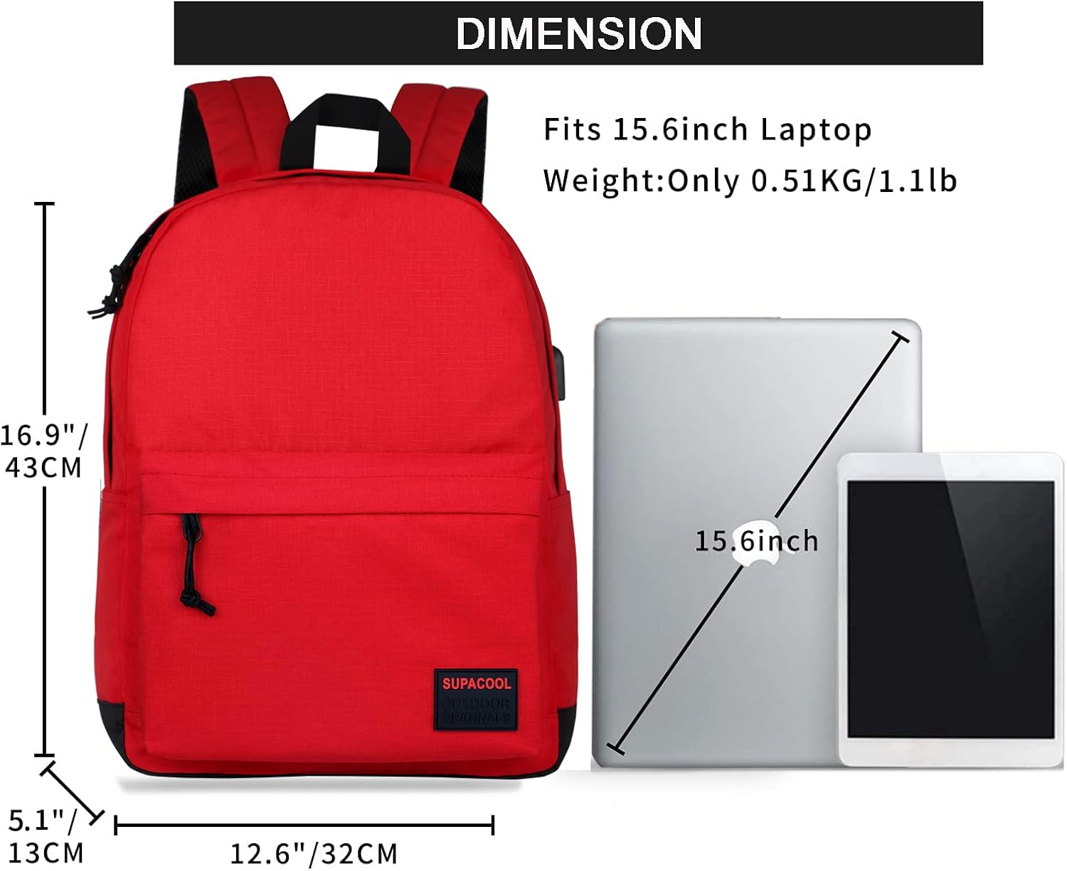 SUPACOOL Casual Laptop Backpack for Men and Women, School Backpack for Boys and Girls, College Bookbag, USB Charging Port, Lightweight Back Pack(Black)