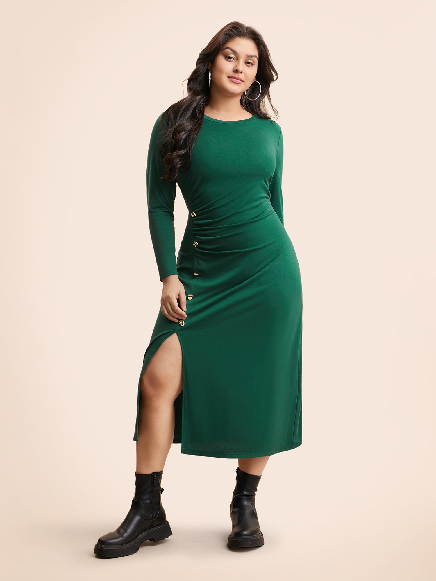 Plain Button Detail Split Hem Dress