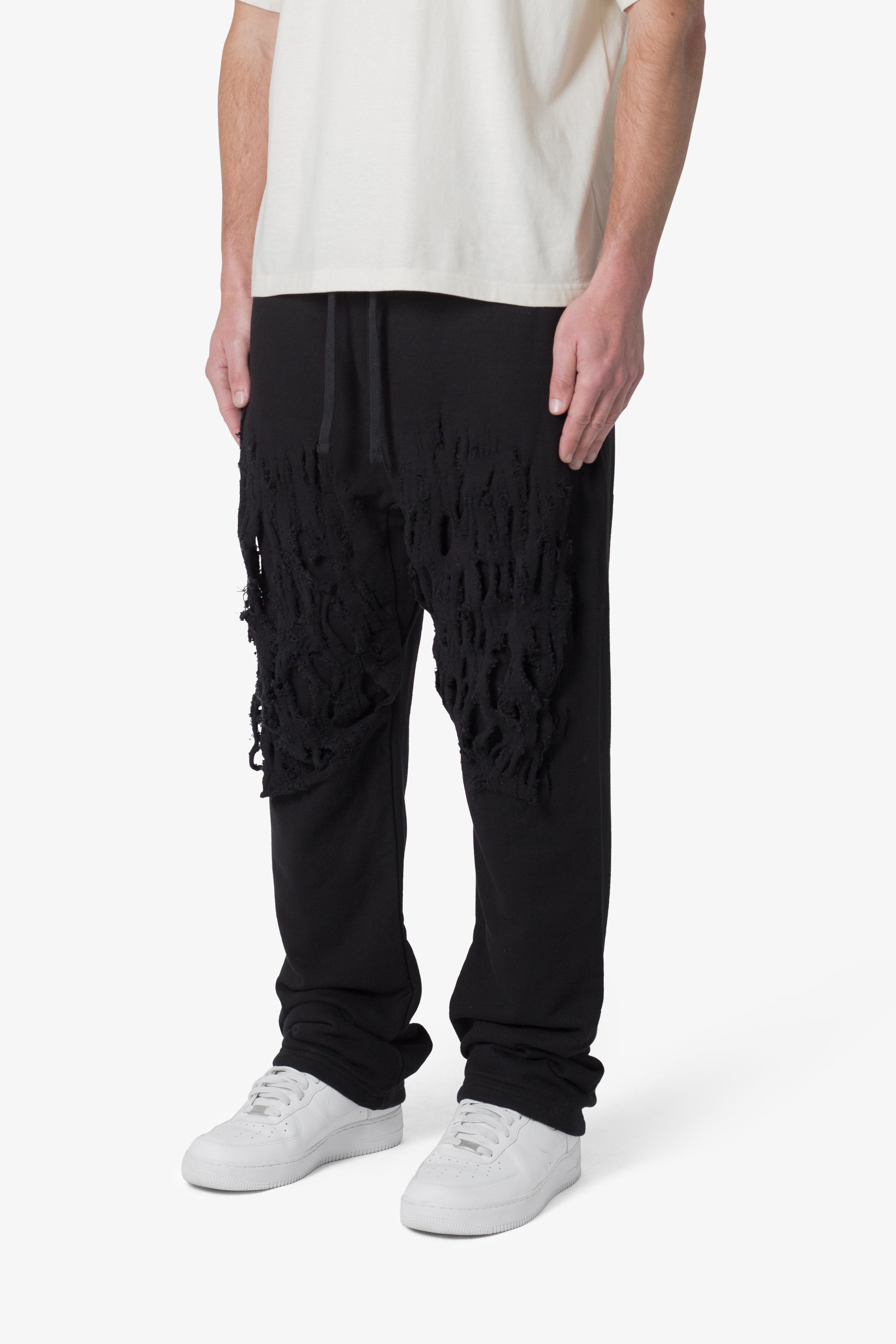 Shredded Layered Baggy Sweatpants - Black