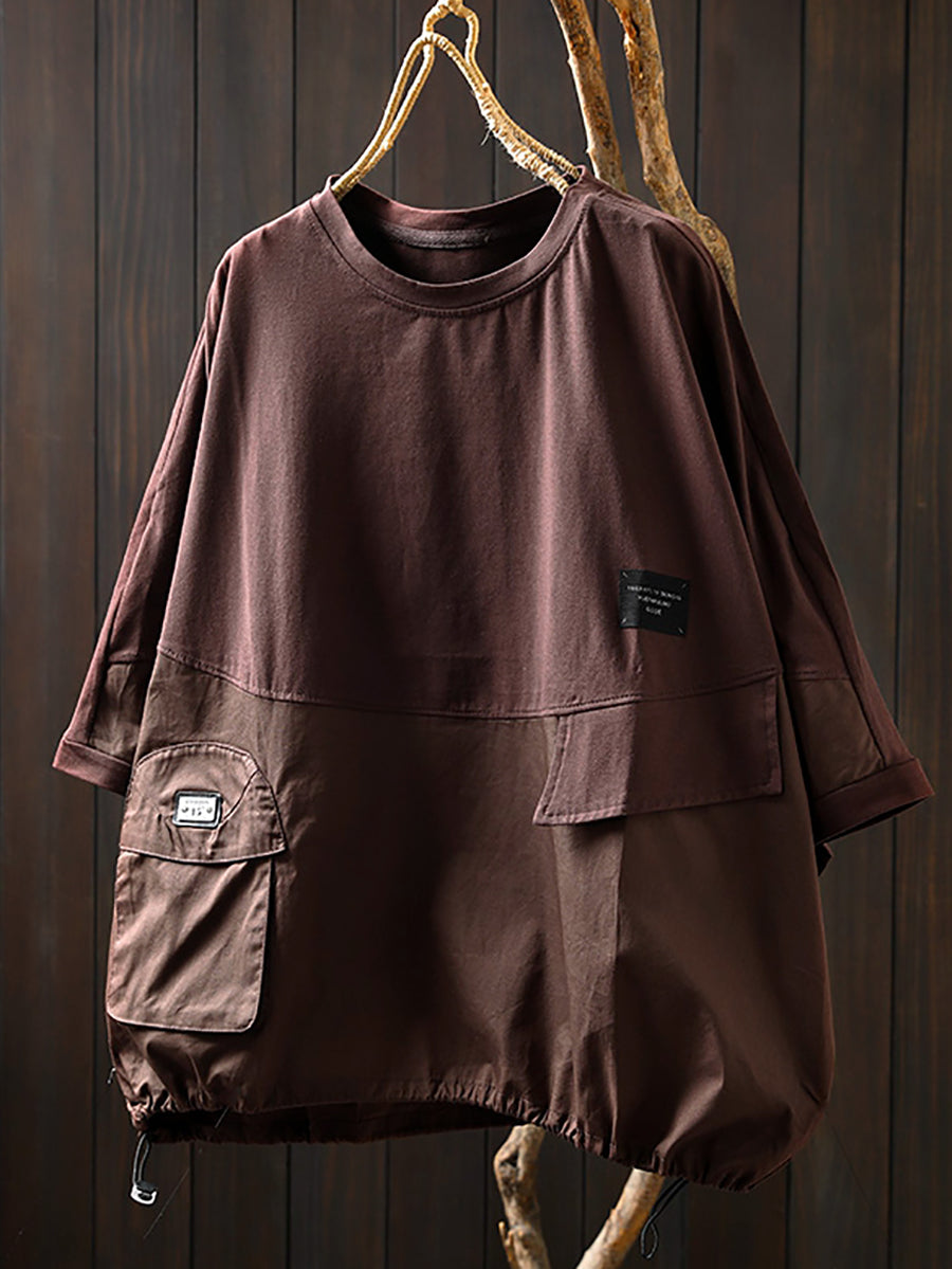Women Summer Pocket Pure Color O-Neck Cotton Shirt