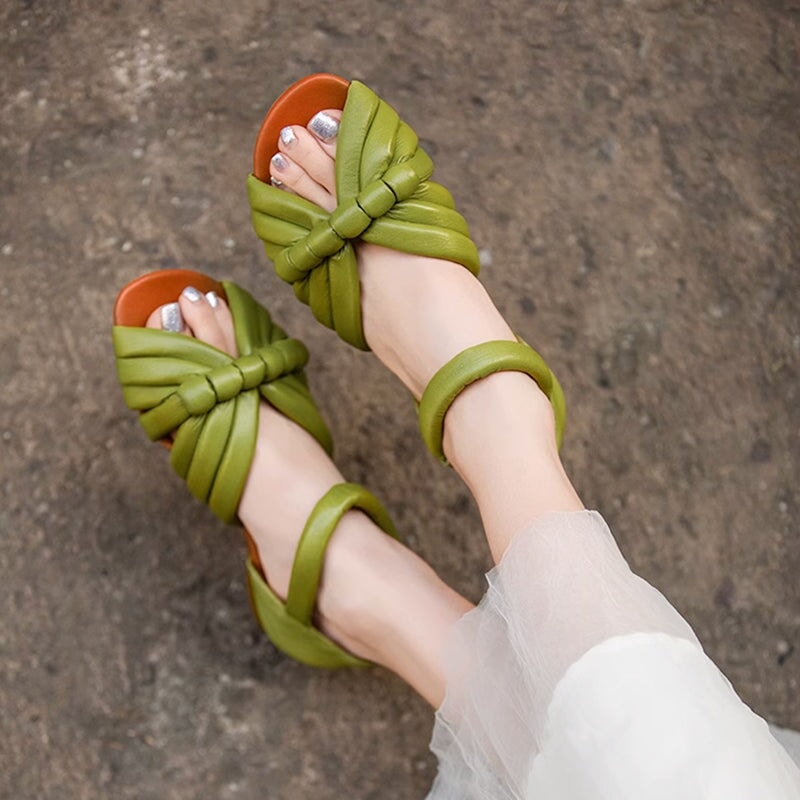 Handmade Leather Woven Peep Toe Roman Sandals with Velcro Strap in Green/Apricot
