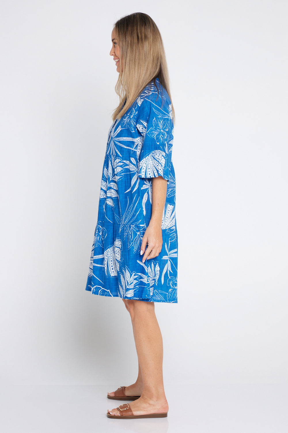 Maya Button V Neck Dress - Mono Indigo