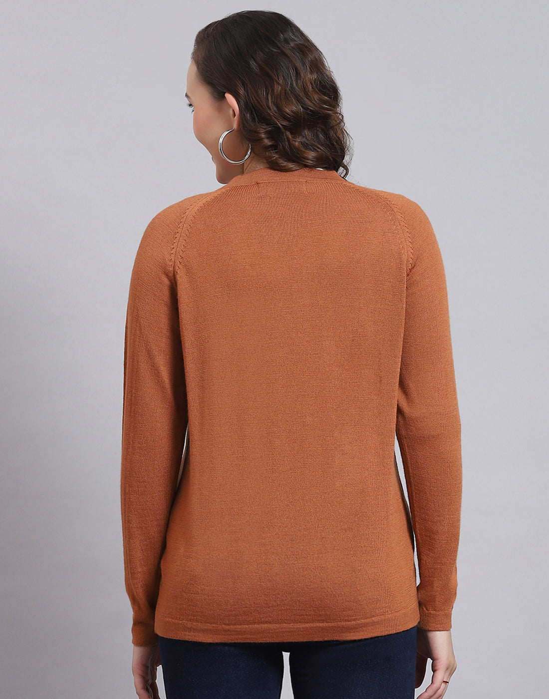 Women Brown Solid V Neck Full Sleeve Sweater