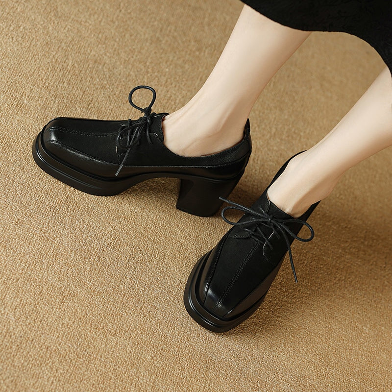 Vintage 80mm Chunky Block Heel Lace-Up Oxford Shoes for Women in Black/Brown