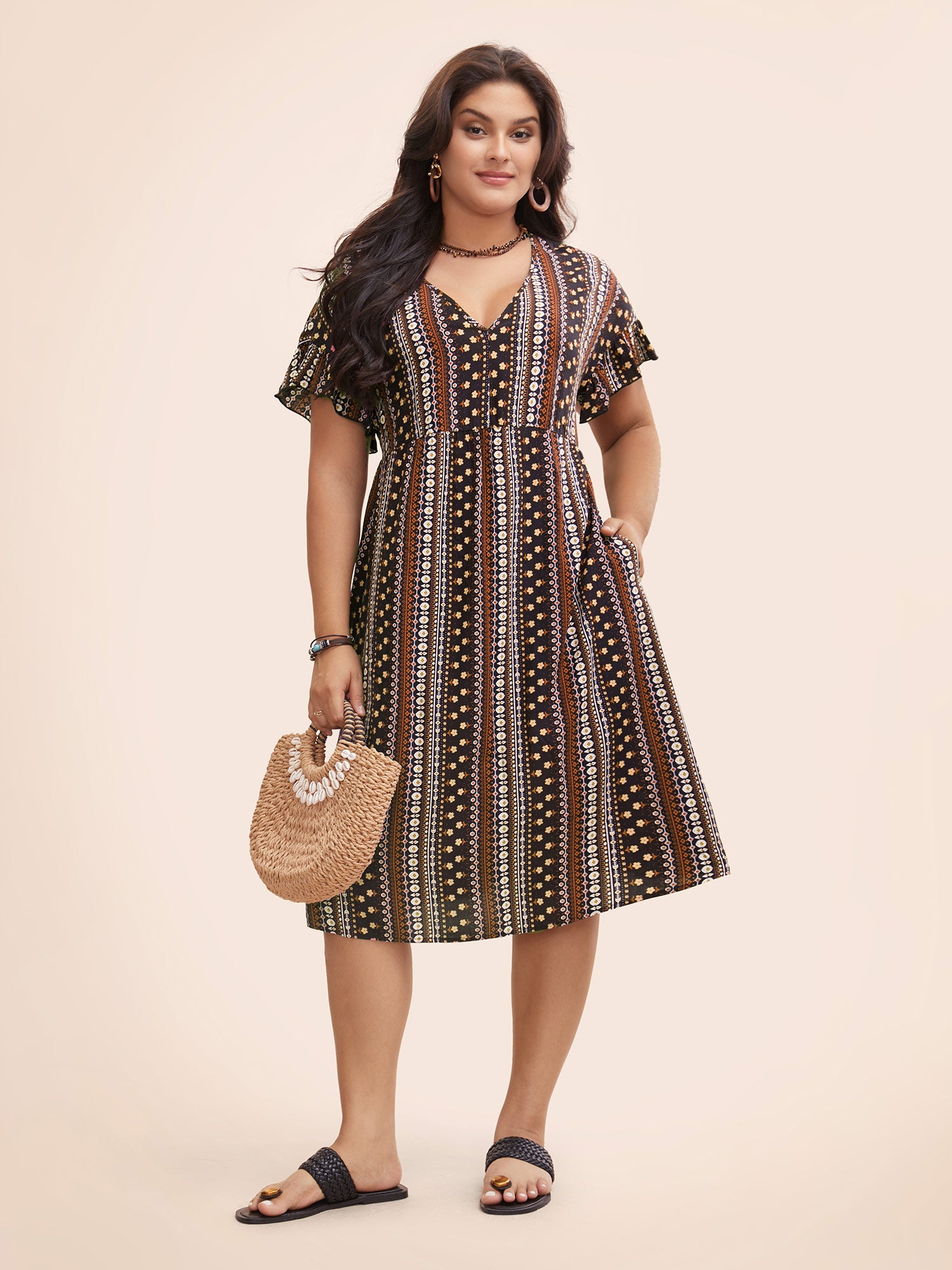 Bandana Print Pocket V Neck Ruffle Sleeve Dress