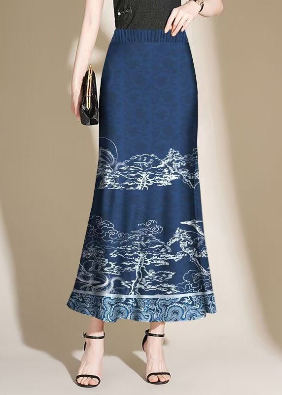 Vintage Navy Print Side Open Cotton Skirt Summer