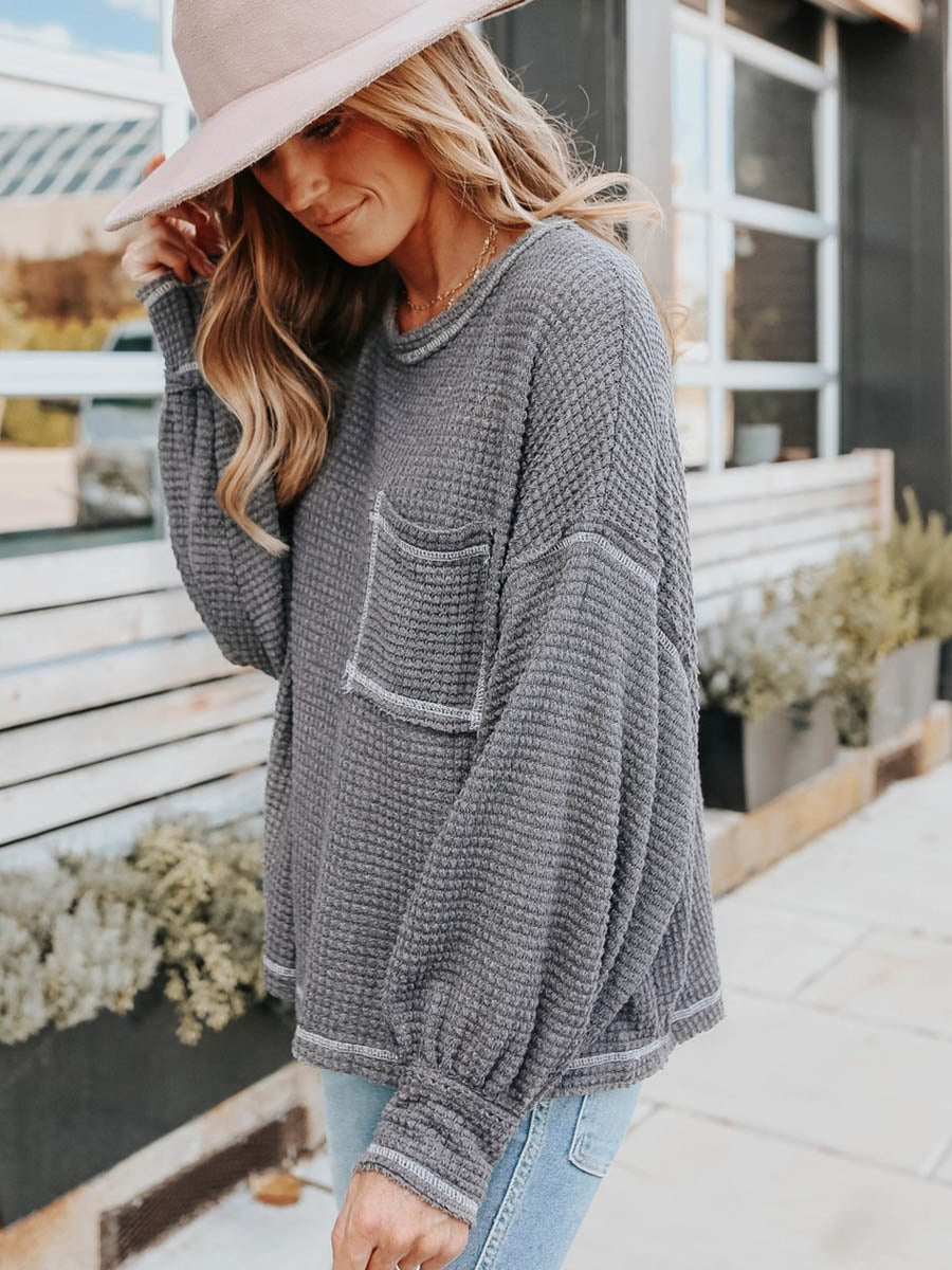 Waffle Drop Sleeve Loose Casual Top6 colors